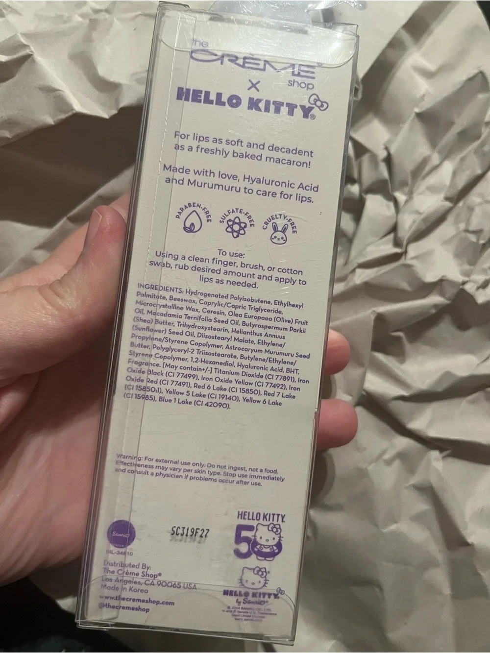 The Crème Shop x Hello Kitty Lip Product - Purple Text Packaging